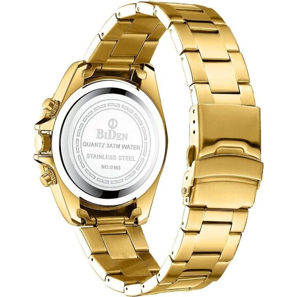 Men's Watches Chronograph Stainless Steel Blue Gold Wrist Watch Waterproof - Picture 2 of 9